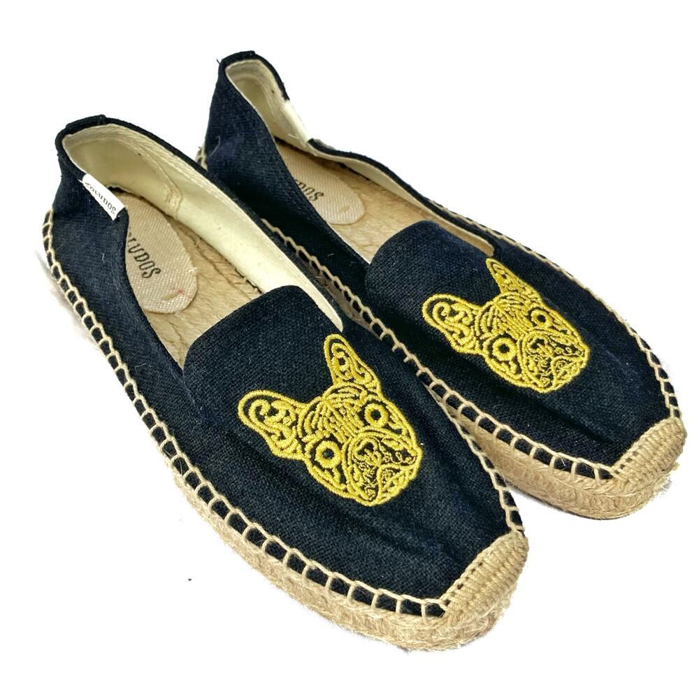 Soludos French Bulldog Embroidered Espadrilles Black Canvas Flats  Summer Vacay - Picture 2 of 16